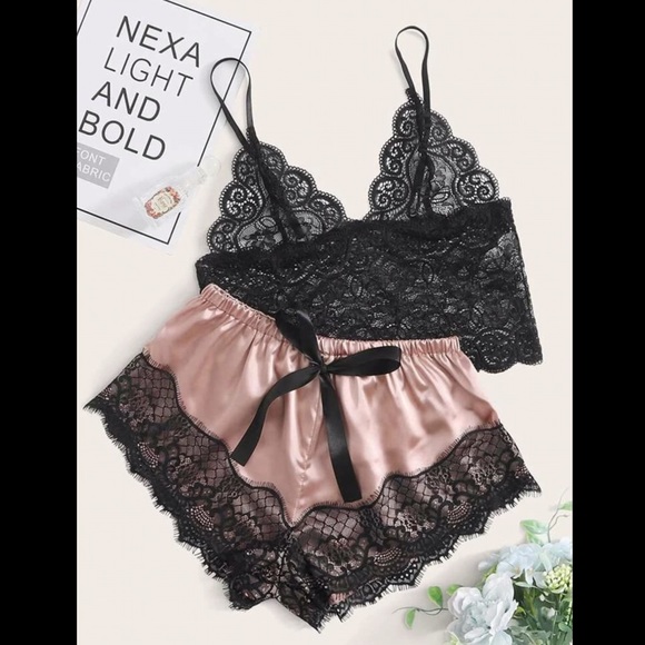 Pastel Pink & Black, Lace & Satin, Lingerie Set - Picture 5 of 6